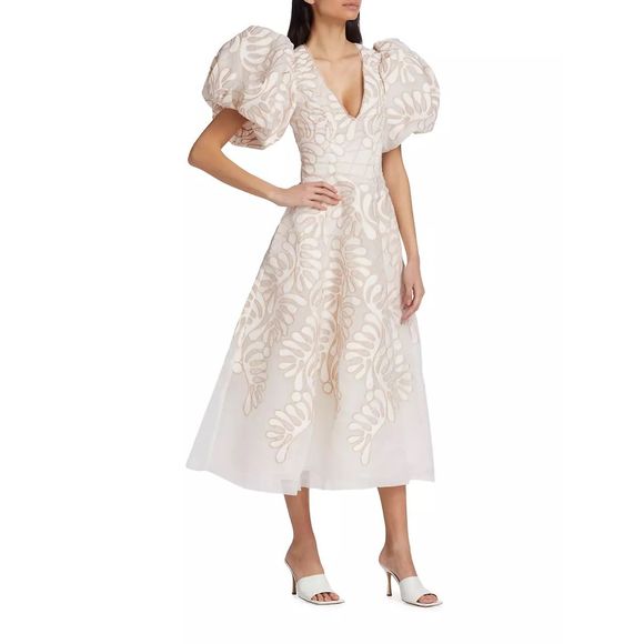 Aje Dresses & Skirts - Aje Botanical Applique Puff-Sleeve Midi-Dress